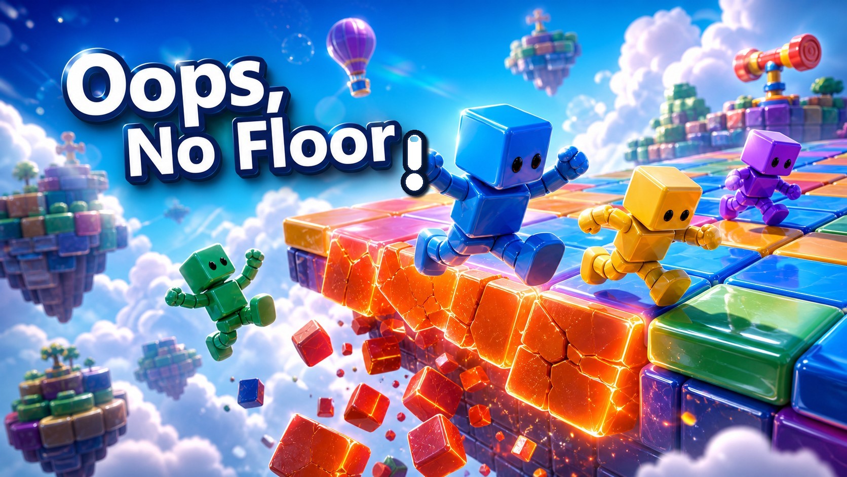 Oops, No Floor! characters running across collapsing floating platforms